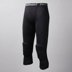 Black compression leggings with knee pads and text on a gradient background