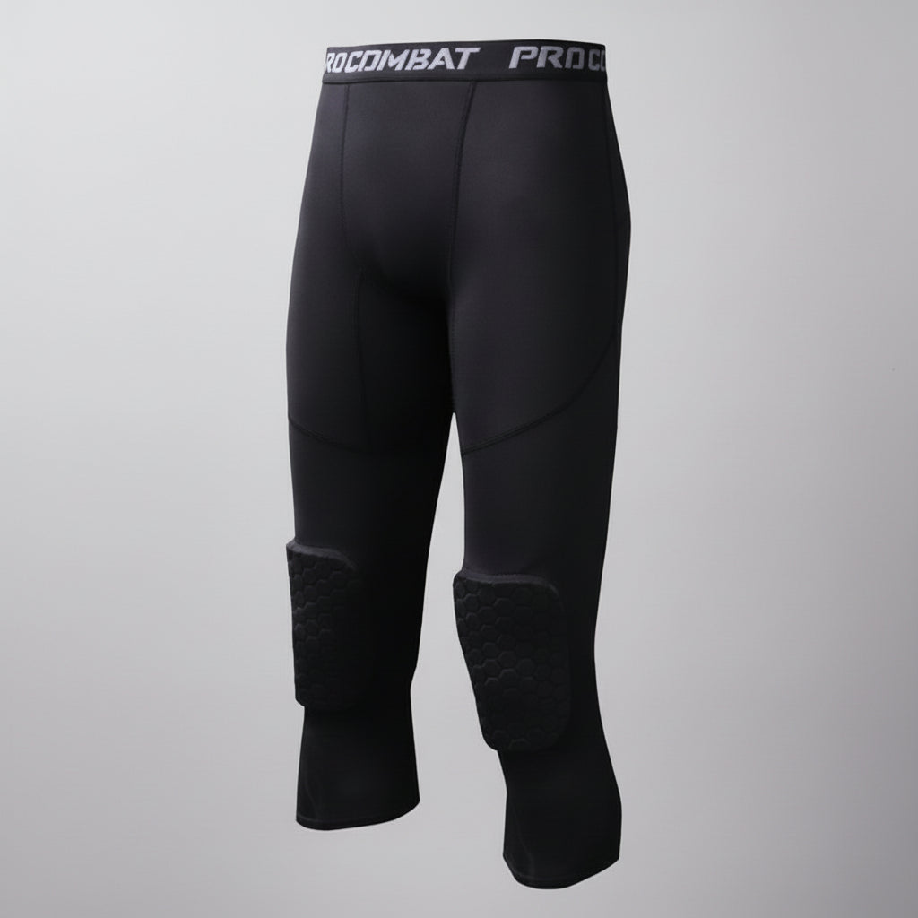 Black compression leggings with knee pads and text on a gradient background