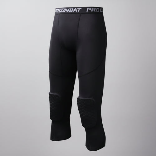 Black compression leggings with knee pads and text on a gradient background